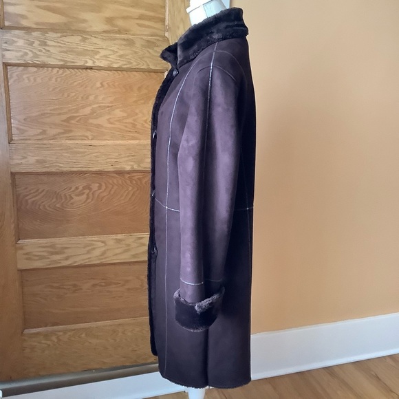 NOVELTI Brown Faux Suede Leather Shearling Midi Coat Size M - Picture 3 of 16